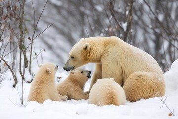 Obraz na płótnie Canvas polar bear mother watches over her cubs as they wrestle in the snow, created with generative ai