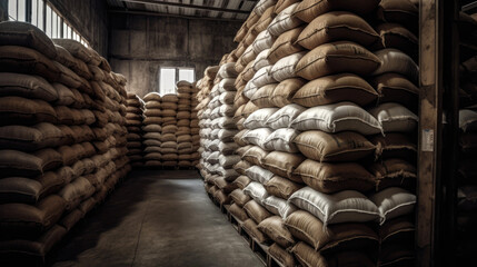 Sacks of goods stacked in a warehouse. Generative AI
