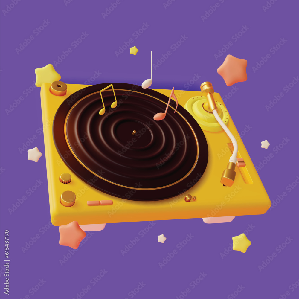 Sticker 3d Retro Record Vinyl Music Player Box Turntable Concept Cartoon Style Audio Equipment Item. Vector illustration