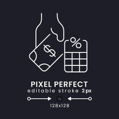 Payroll tax white linear desktop icon on black. Employee deductions. Personal income. Pixel perfect 128x128, outline 2px. Isolated user interface symbol for dark theme. Editable stroke