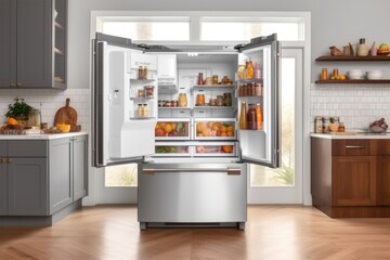 an energy-efficient refrigerator, with the door open, displaying its clean and organized interior, created with generative ai