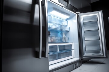 energy-efficient refrigerator, with cool air circulating and ice cubes clinking, created with generative ai