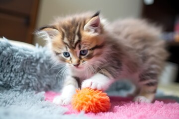 playful kitten, batting and pouncing on fuzzy toy, created with generative ai