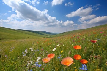 rolling hills covered in blooming wildflowers with a blue sky in the background, created with generative ai