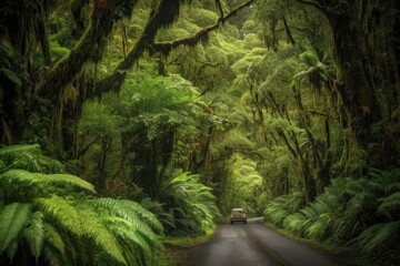 Obraz premium scenic road trip through a lush rainforest, with towering trees and dense foliage, created with generative ai