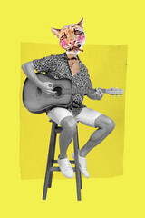 Vertical collage picture of black white colors guy lynx head smoke cigar sit stool play acoustic...