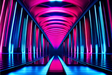 Neon corridor. Vector illustration of a neon scene. Neon background.