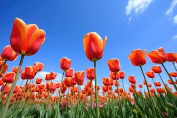 a photo of tulips in a row against an indigo blue sky, created with generative ai