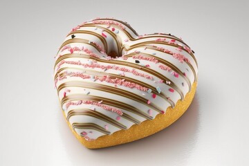heart-shaped donut with striped icing and sprinkles on white background, created with generative ai