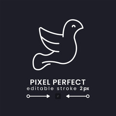 Peace white linear desktop icon on black. Nonviolence movement. Nonprofit organization. Religious charity. Pixel perfect, outline 2px. Isolated user interface symbol for dark theme. Editable stroke