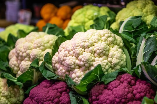 Wholesome Harvest: Close-Up of Cauliflower in a Grocery Store, cauliflower, grocery store, close-up, fresh produce, vegetable, healthy eating, nutritious, organic, farm-to-table,
