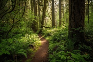 hiking trail through lush, green forest with tall trees, created with generative ai