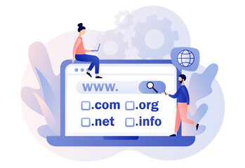 Domain registration concept. Tiny people choose, find, purchase, register website domain name on laptop. Online hosting service. Modern flat cartoon style. Vector illustration on white background