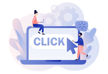Click here button on laptop screen. Cursor pointer sign. Tiny people with huge mouse arrow click. Internet concept. Modern flat cartoon style. Vector illustration on white background