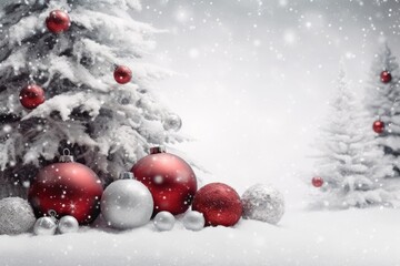 Fototapeta na wymiar a christmas tree with white snow and decorations, with red and silver balls. Merry Christmas and Happy Holidays greeting card, frame, banner. New Year. Winter xmas holiday theme. Generative AI