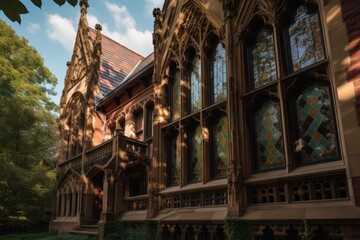 neogothic exterior with intricate woodwork and stained glass windows, created with generative ai