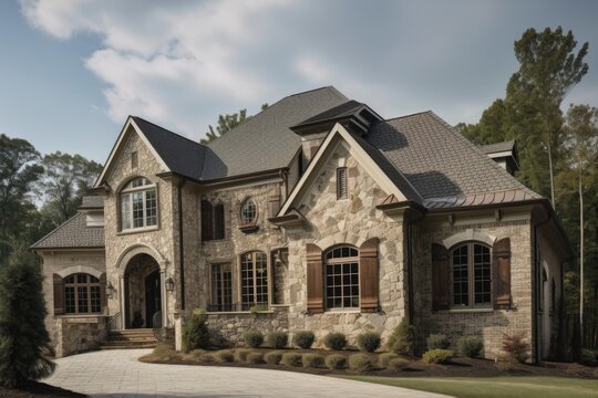 luxury home with custom exterior features, such as stone accents and window treatments, created with generative ai