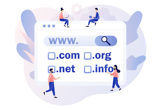 Domain registration concept. Online hosting service. Tiny people choose, find, purchase, register website domain name. Modern flat cartoon style. Vector illustration on white background

