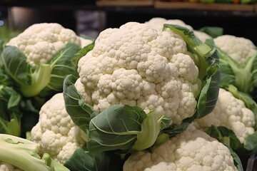 Wholesome Harvest: Close-Up of Cauliflower in a Grocery Store, cauliflower, grocery store, close-up, fresh produce, vegetable, healthy eating, nutritious, organic, farm-to-table,