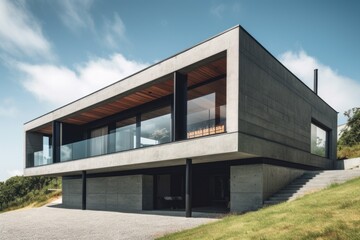 Fototapeta na wymiar modern house with sleek and minimalist facade, featuring large windows and flat roof, created with generative ai
