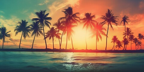 Plakat Palm Trees Silhouettes On Tropical Beach At Sunset - Modern Vintage Colors