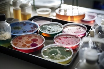 Obraz na płótnie Canvas microbial cultures and petri dishes in science lab, with tools for manipulation visible, created with generative ai
