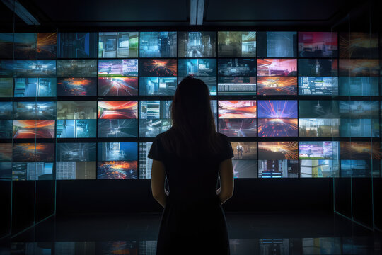 a person watching a video wall with multimedia images on different television screens, generative AI