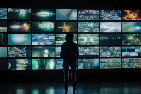 a person watching a video wall with multimedia images on different television screens, generative AI