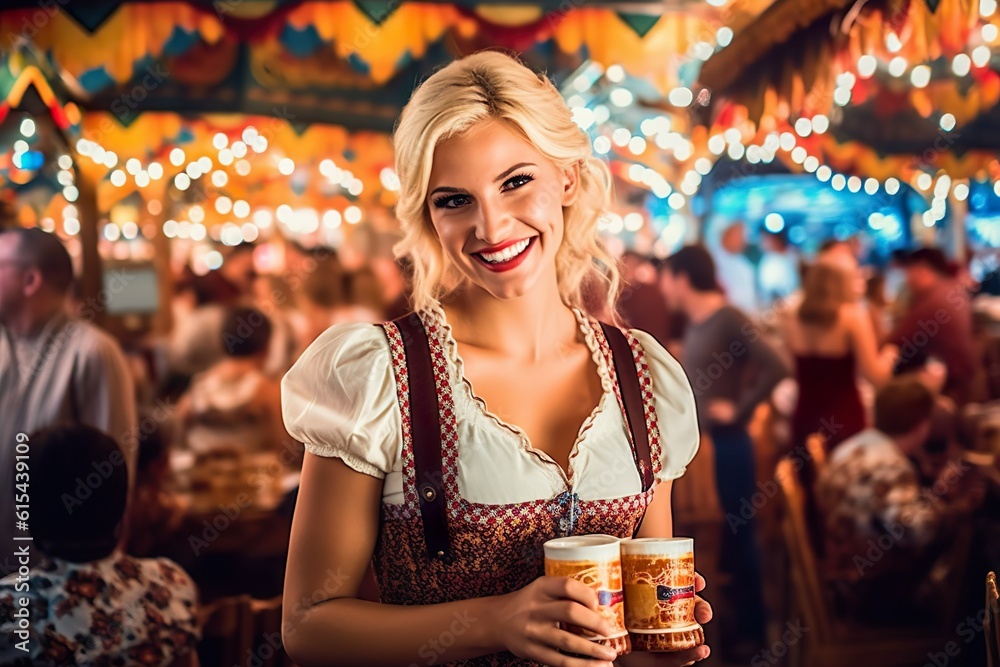 Wall mural Young Oktoberfest Beauty: Enjoying Festivities in Traditional Dirndl Attire, Generative AI