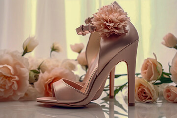Fototapeta na wymiar Luxury glamour woman`s sandals. Super photo realistic background, generative ai illustration.