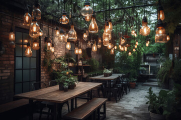 Fototapeta na wymiar Interior of garden outdoor coffee shop, generative AI