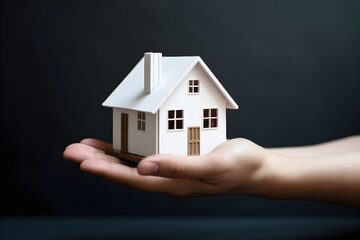 Hands with house toy, concept of bank credits or house insurance, ai generated