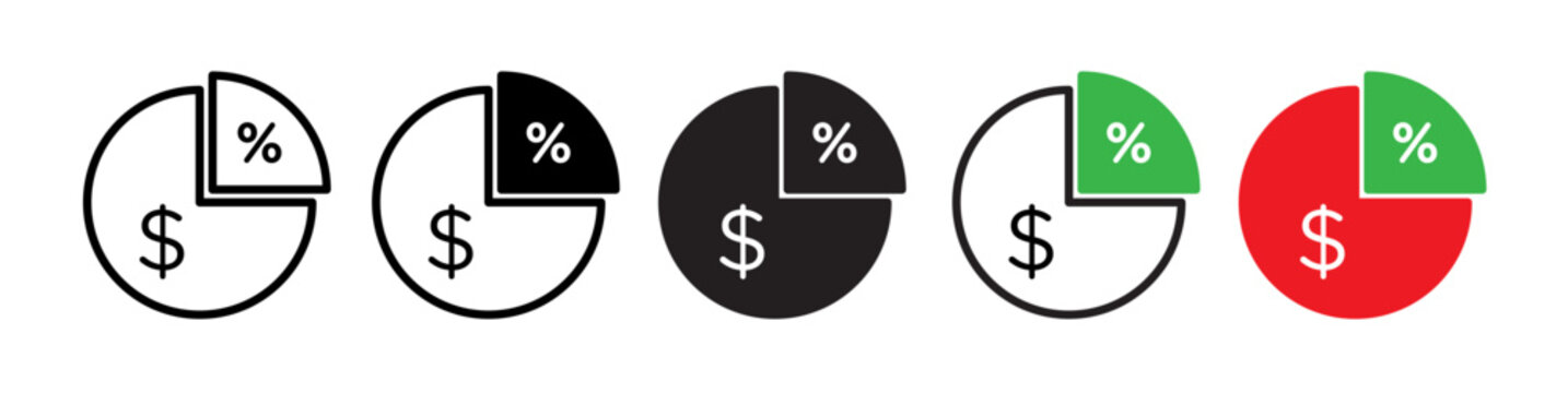 Profit margin icon set. Business finance profit icon. Profit share symbol in black, green, and red color. 