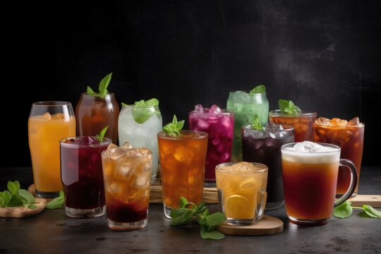 collection of different iced teas and coffees, each with its own unique flavor, created with generative ai