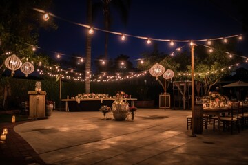 outdoor dance floor surrounded by twinkling lights and lanterns, created with generative ai