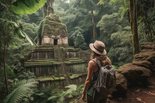 lucky traveler exploring ancient mayan ruins in central america, created with generative ai