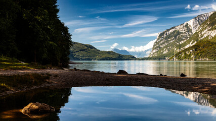 Fototapeta premium Molveno lake, Molveno, trento, Trentino Alto Adige, Italy, western europe, europe 