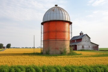 old-fashioned water tower in the middle of a field, surrounded by hay bales, created with generative ai