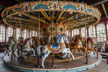 a vintage carousel, with colorful horses and chariots, spinning in the breeze, created with generative ai