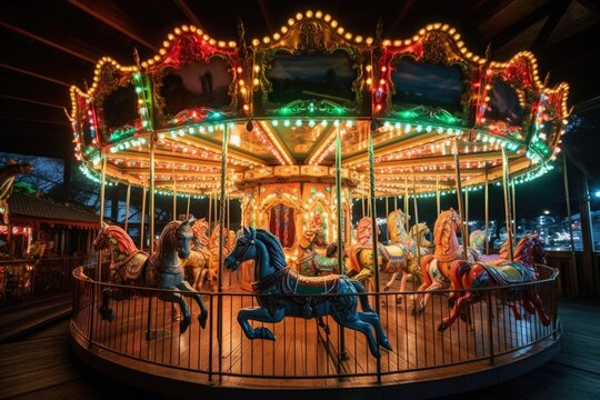 vintage carousel, with horses and chariots that move up and down, surrounded by colorful lights, created with generative ai