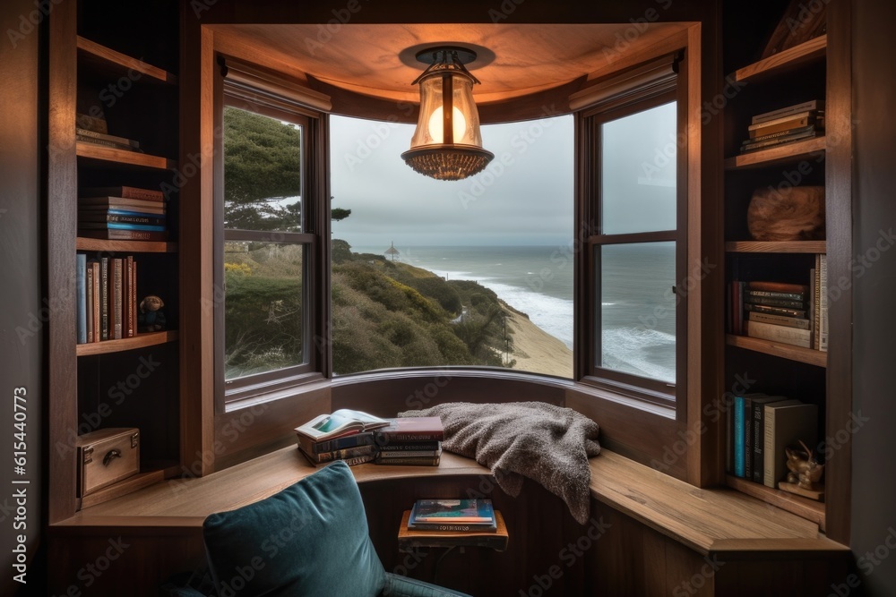 Wall mural cozy reading nook with view of the beach, and a glass of wine to complete the scene, created with generative ai