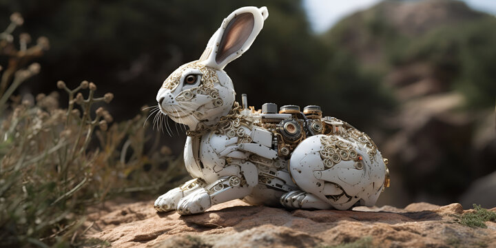 White robot&nbsp;rabbit outdoor. Robotic&nbsp;hare. Cyborg banny bot. AI illustration.