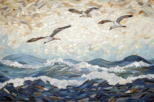 peaceful scene of soothing ocean waves and seagulls flying over the water with mosaic and stained glass artwork in the background, created with generative ai