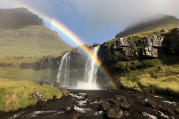 waterfall, with rainbow and clouds in the sky, against scenic mountain backdrop, created with generative ai