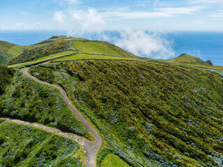 Aerial view of roads in Flores island, Azores
