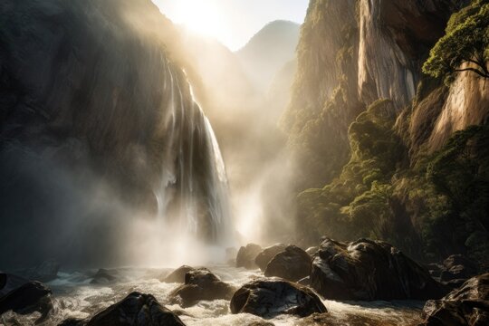 majestic waterfall, with the sun shining through the mist, illuminating the surroundings, created with generative ai