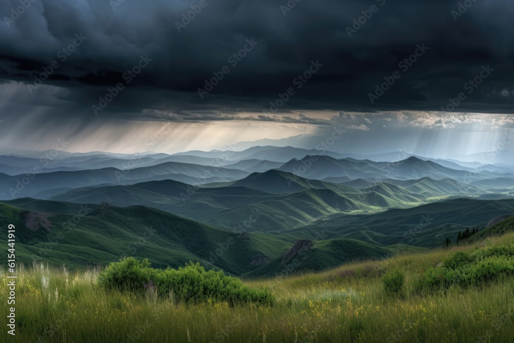 Canvas Prints serene mountain landscape with a storm brewing in the distance, created with generative ai