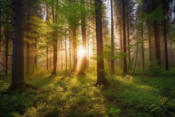 forest at sunrise, with rays of sunlight shining through the trees, created with generative ai