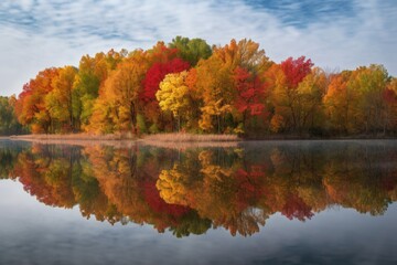 fall foliage with reflection on still lake, created with generative ai