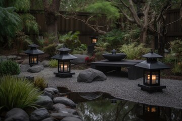 zen garden, with water feature and lanterns, providing a peaceful setting for wellness retreat, created with generative ai